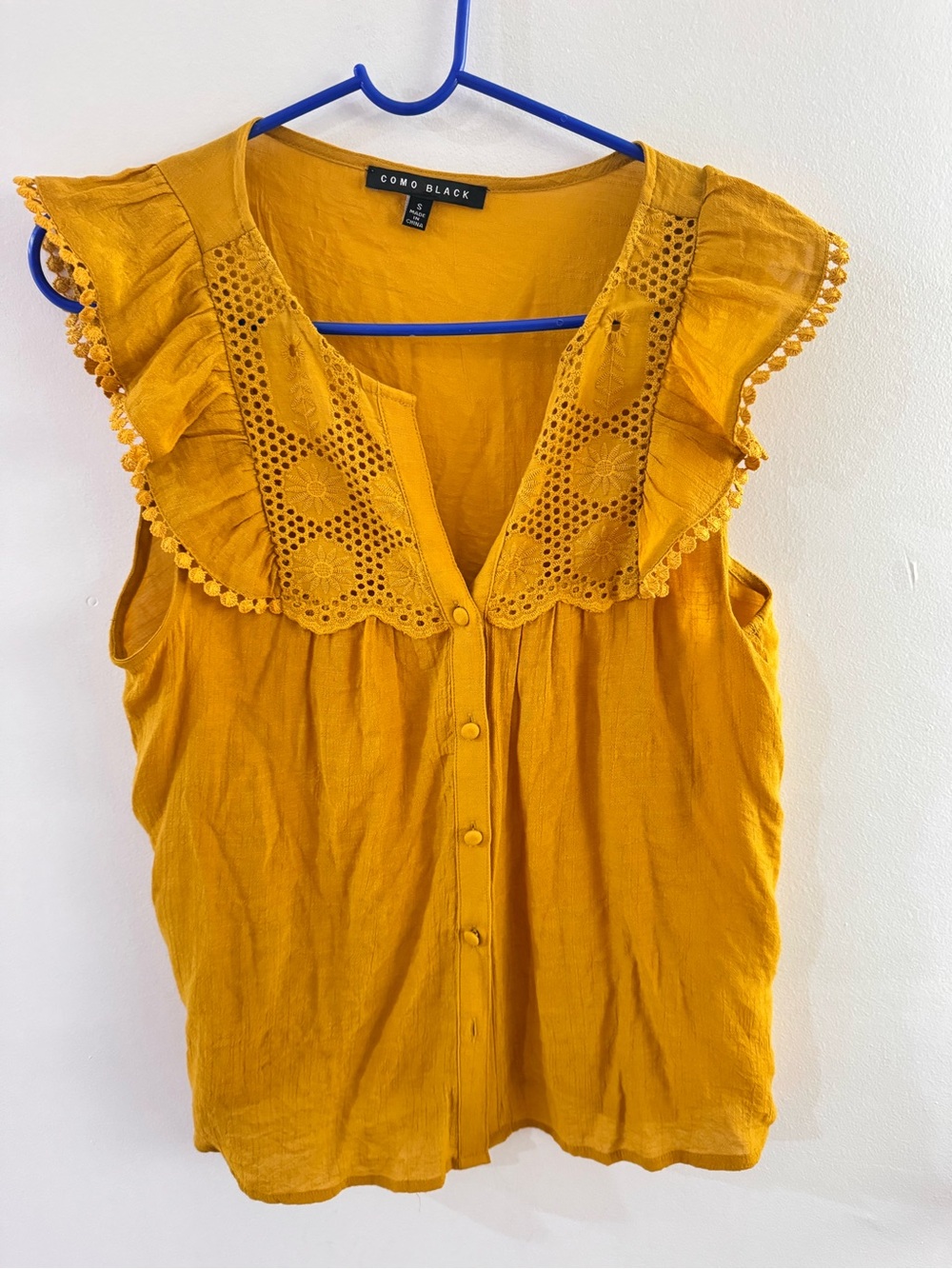Mustard Eyelet Ruffle Sleeveless Top